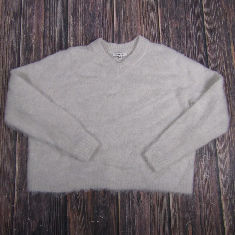 Madewell Sweater Womens XS White Alpaca Blend Fuzzy V Neck Pullover Long Sleeve